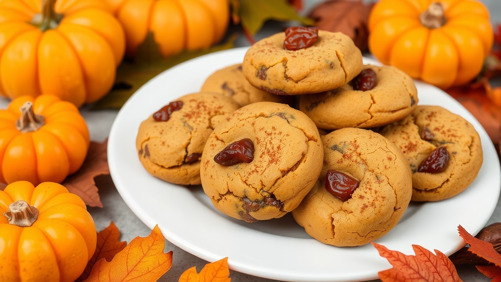 Spiced Pumpkin Cookies with Chopped Dates A plate of spiced pumpkin cookies with dates, surrounded by autumn decorations.
